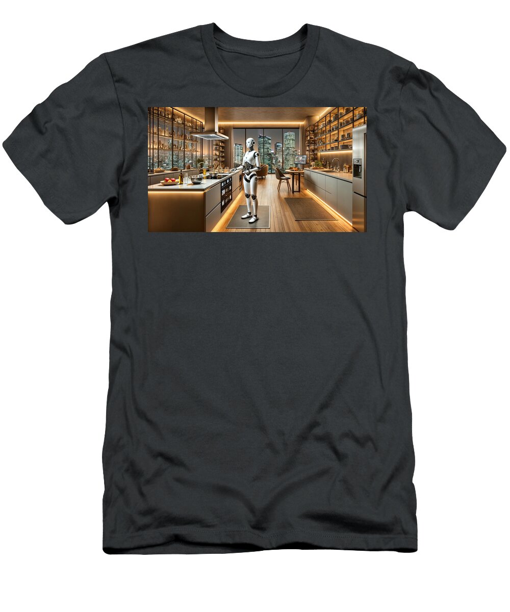 A Sleek Robot Stands in a Modern Kitchen Mango Art T-Shirt