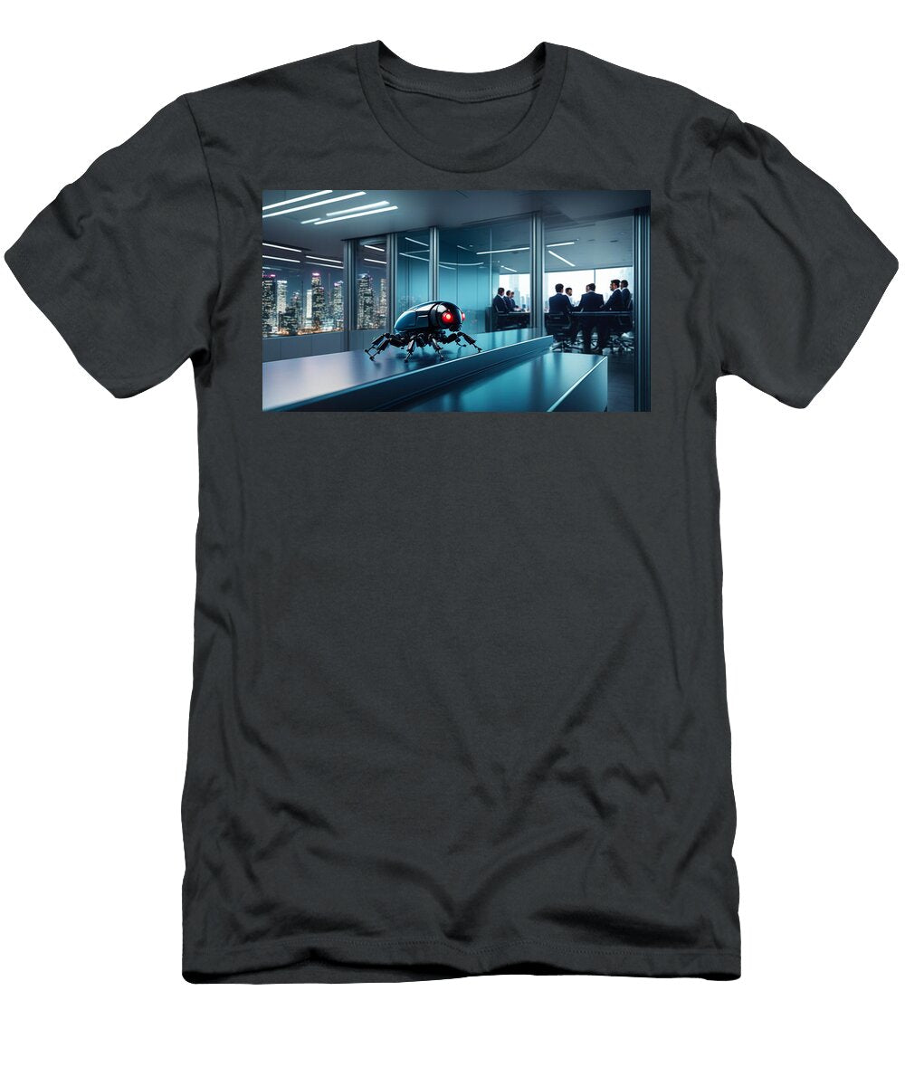 A Small Robotic Device with Glowing Red Eyes Sits Prominently on a Sleek Table in a Modern Office Mango Art T-Shirt