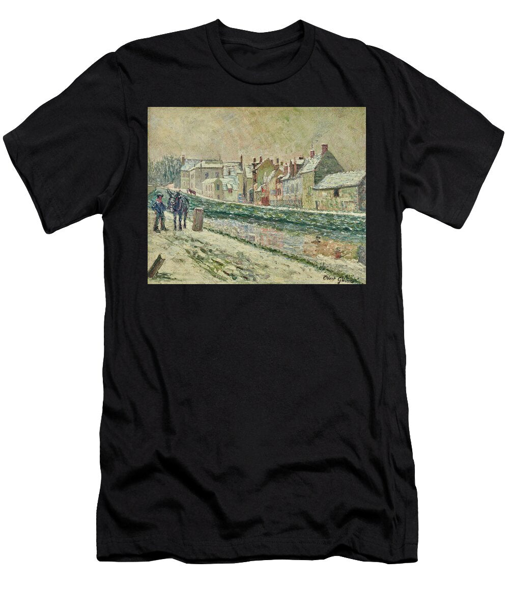 A Vibrant Impressionist Scene Depicts a Riverside Landscape with Two Figures Conversing By the Water Motionage Designs T-Shirt
