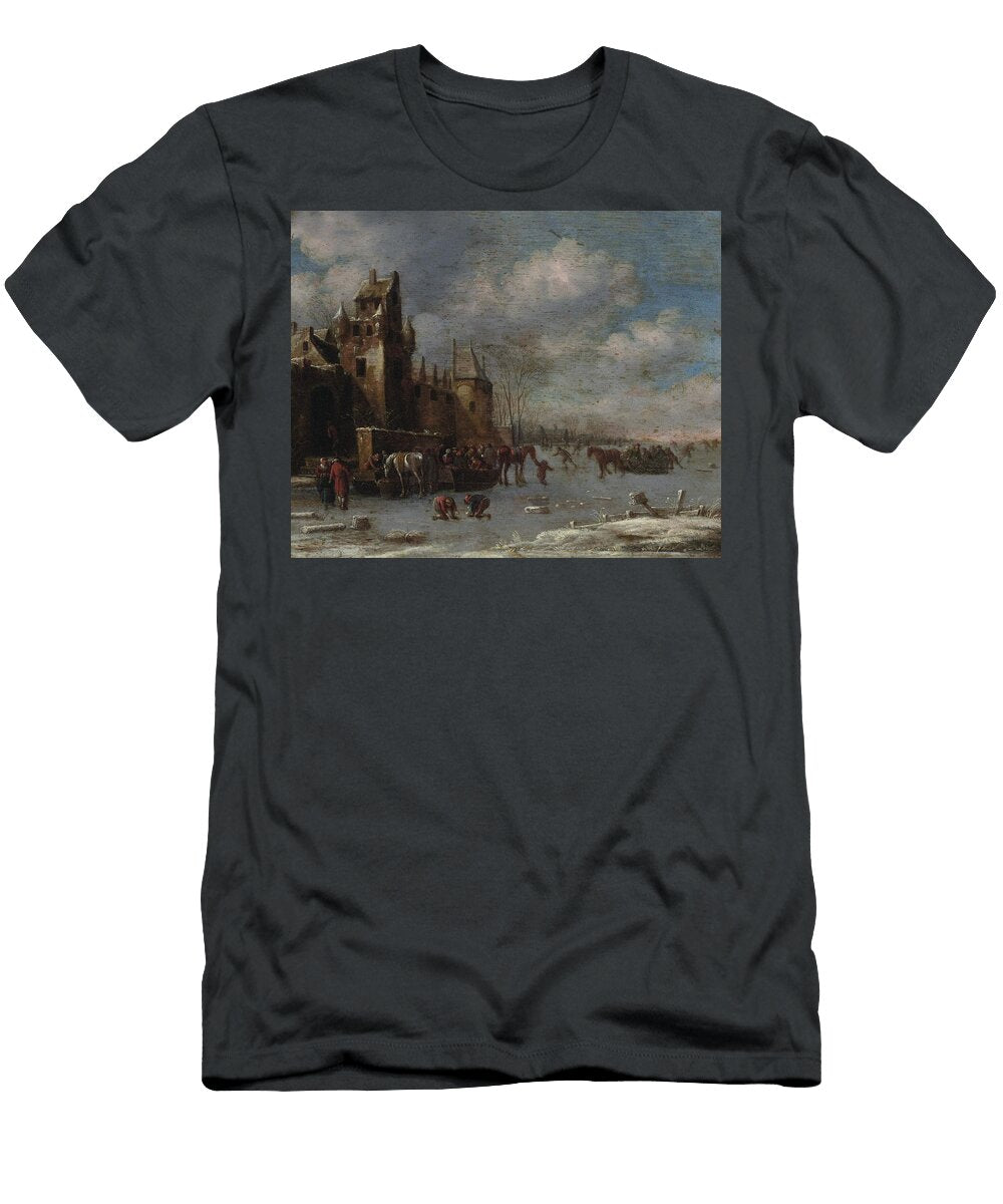 A Winter Landscape with Figures Skating Riding Sleighs and Conversing on the Ice Thomasheeremans T-Shirt
