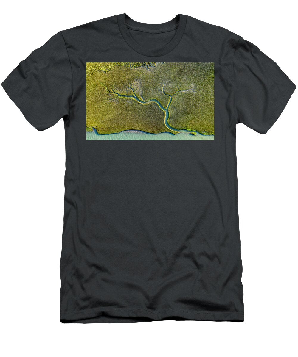Aerial View of Tidal Channels in Marshland with Tree Like Shane Gross Natureplcom T-Shirt
