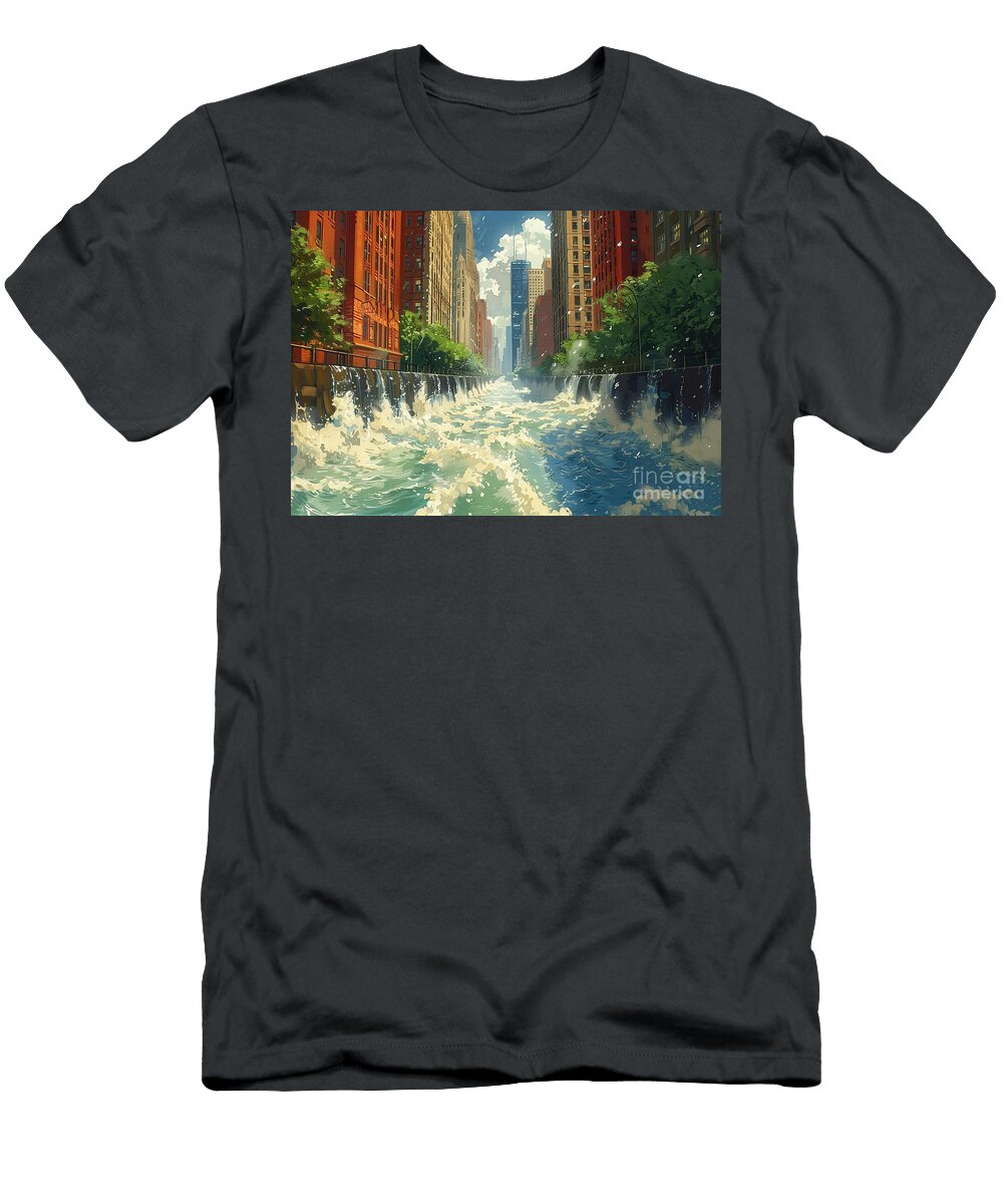 American Cities USA Chicago Channel Water Cityscape with River Overflowing and Buildings Clark Leffler T-Shirt