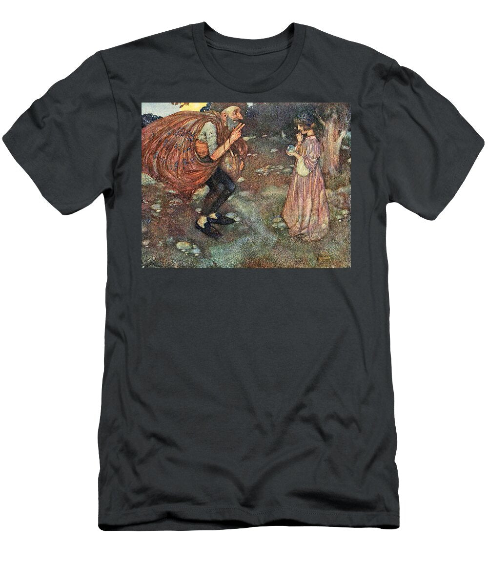 An Elderly Man with a Large Sack on His Back Appears to Be Conversing with a Young Woman in a Wooded Motionage Designs T-Shirt