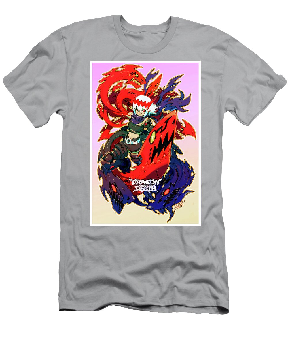 Anime Style Fantasy Warrior Girl with Red and Blue Dragon Spirits Dynamic Action Illustration with Cesar Dennis T-Shirt