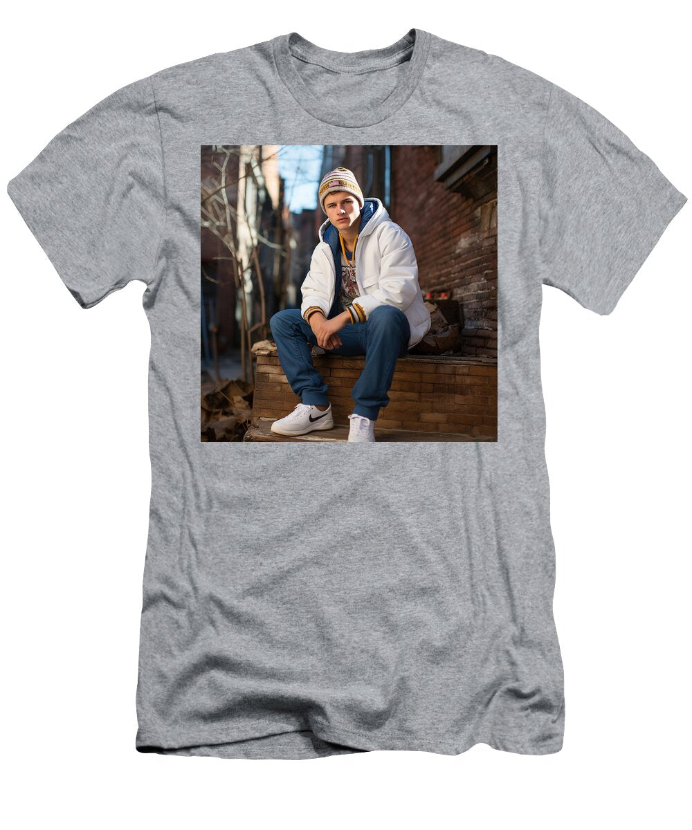 Ansel Elgort Sitting in Nike Sneakers and Warm By Asar Studios Timeless Images Archive T-Shirt
