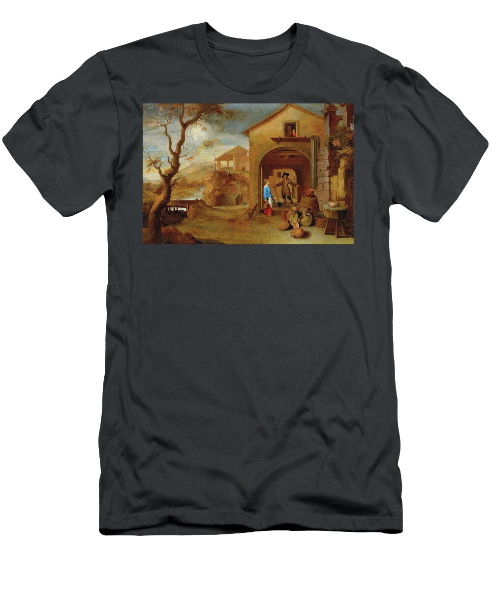 Attributed to Gillis Ds a Peasant Couple Conversing in a Farmyard Celestial Images T-Shirt