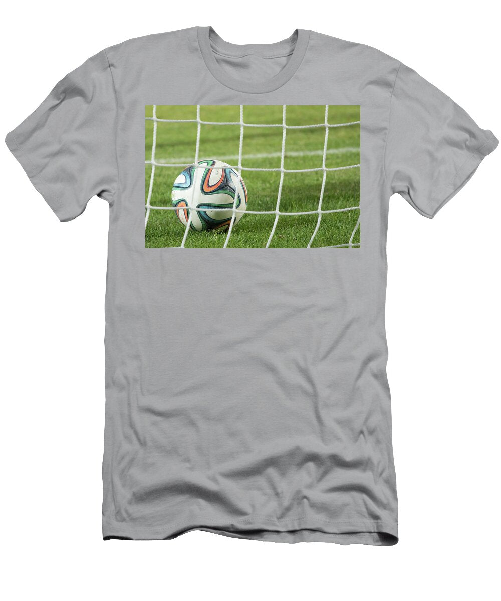Ball Brazuca in the Goal Net Soccer Football Background Michael Dechev T-Shirt