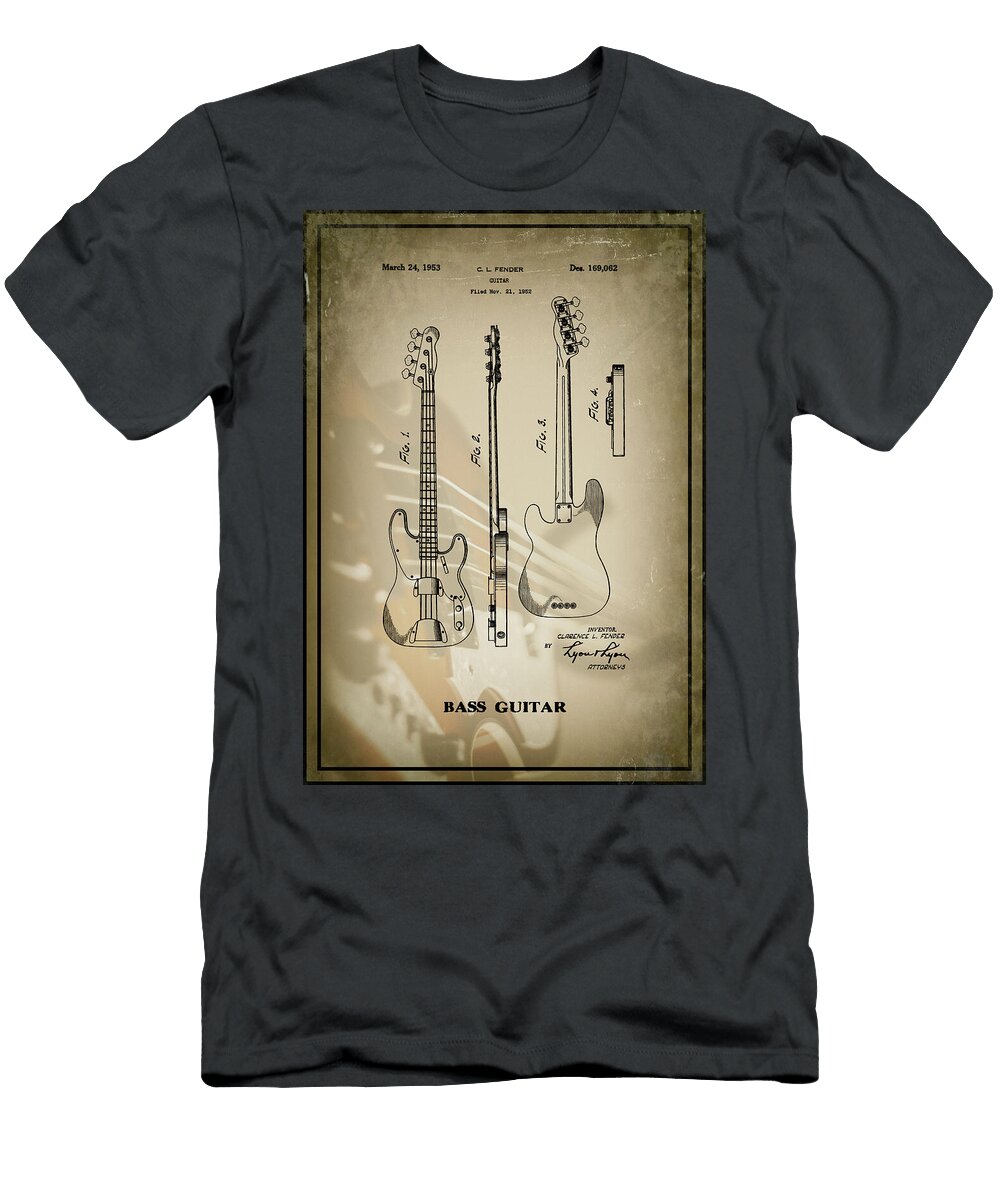 Bass Guitar Vintage Patent 1953 Nostalgic Sepia Carol Japp T-Shirt