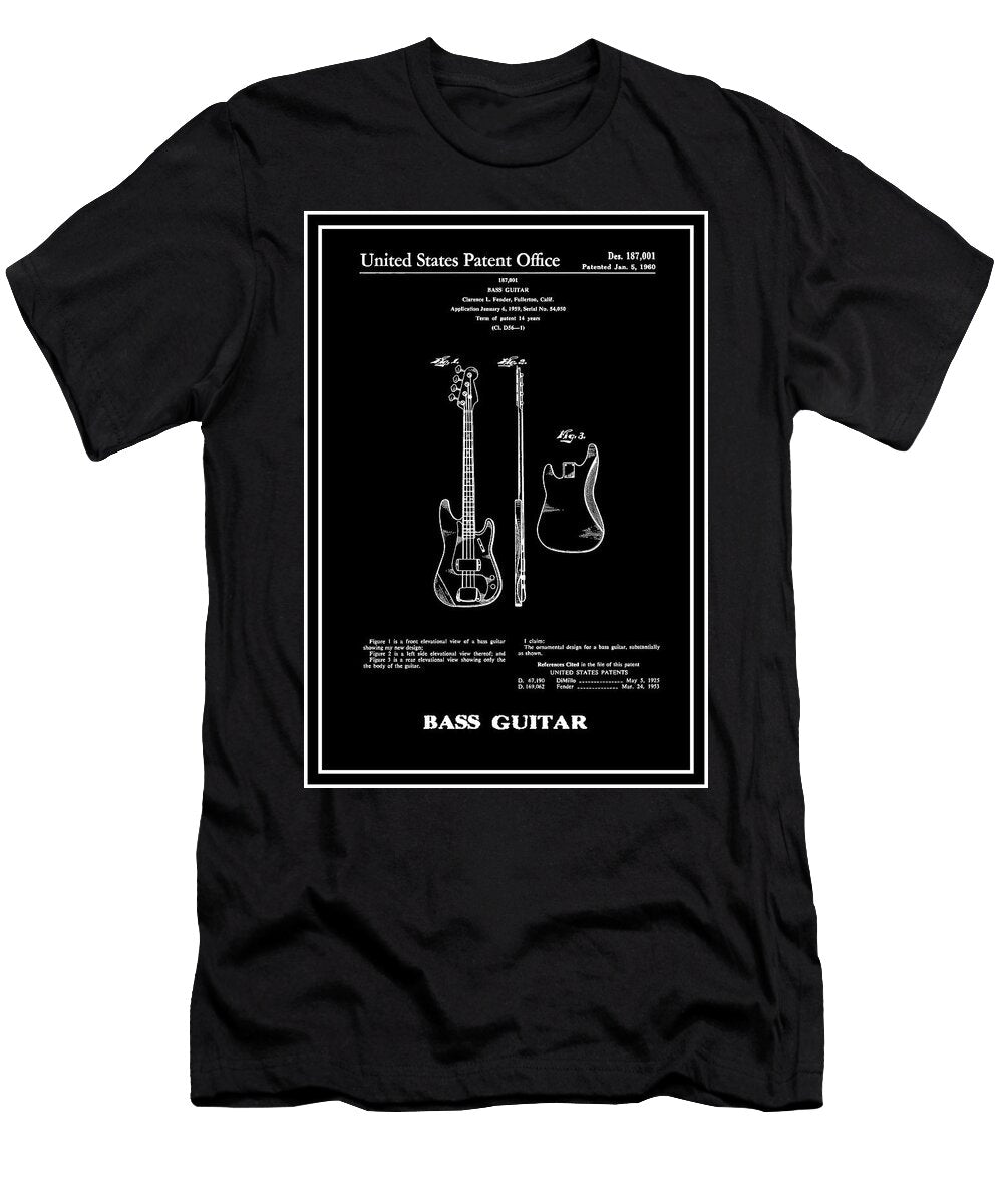 Bass Guitar Vintage Retro Patent 1960 Black and White Carol Japp T-Shirt