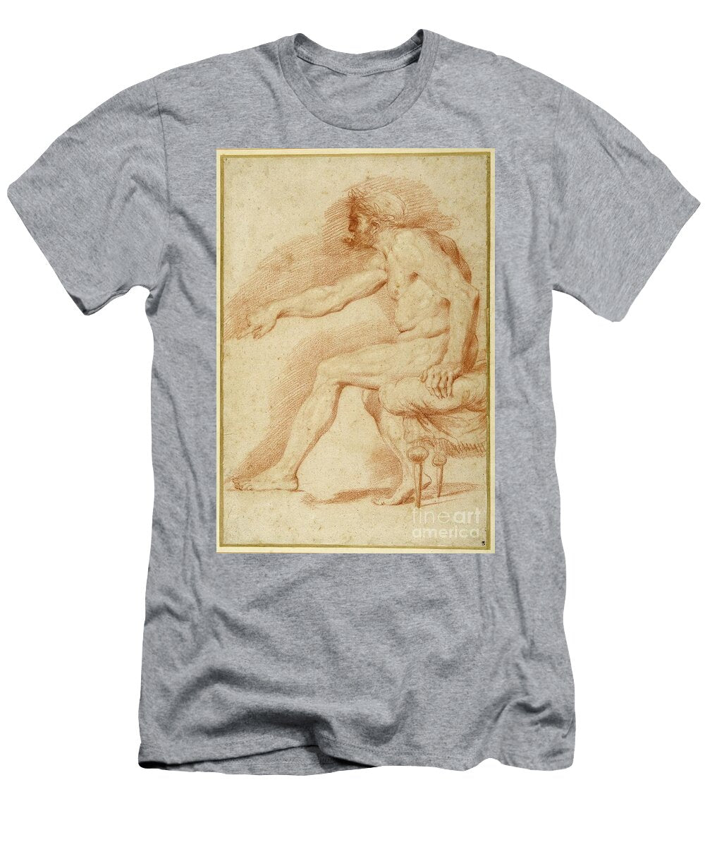 Bearded Nude Seated on a Couch Allantica Red Chalk on Cream Paper Andrea Sacchi T-Shirt
