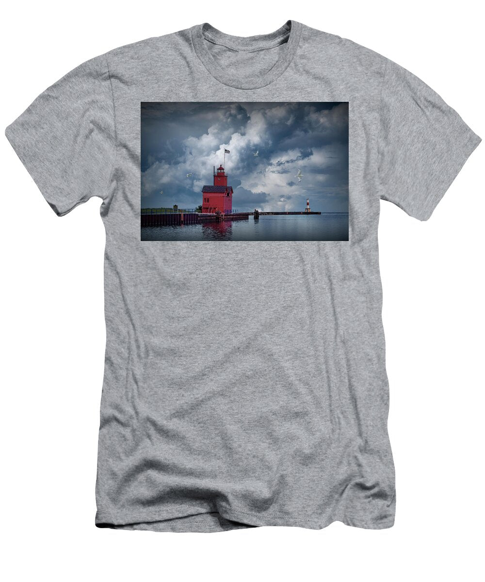 Big Red Lighthouse with Large Cloudy Sky and Flying Gulls At Ott Randall Nyhof T-Shirt