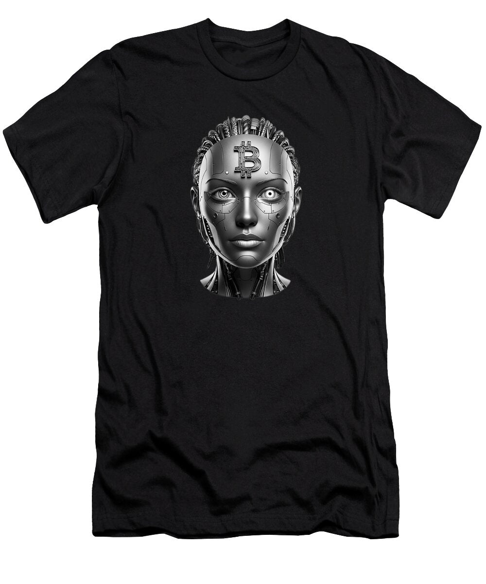 Bitcoin Cyborg Woman Robot Head Benito Del Ray T-Shirt