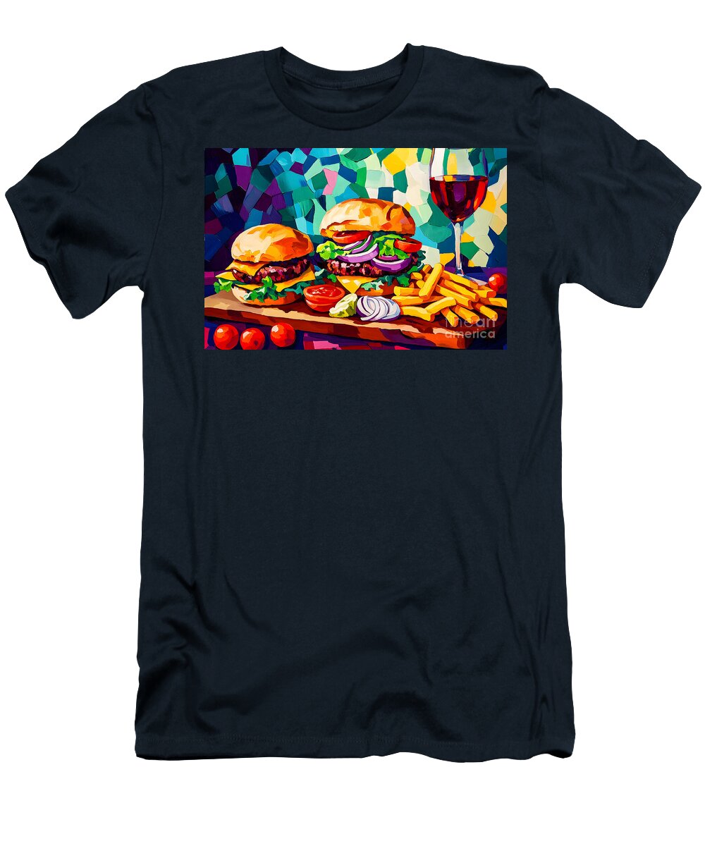 Burger Bliss Juicy Patties Fresh Toppings and Fries with a Touch of Red Wine Olfactoart Studio T-Shirt
