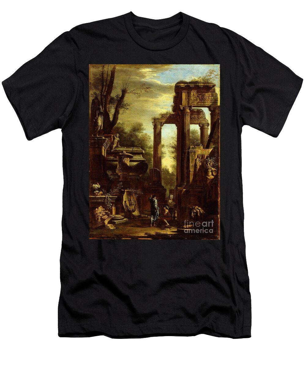 Capriccio of Classical Ruins and Statuary with Figures Conversing Giovanni Ghisolfi T-Shirt