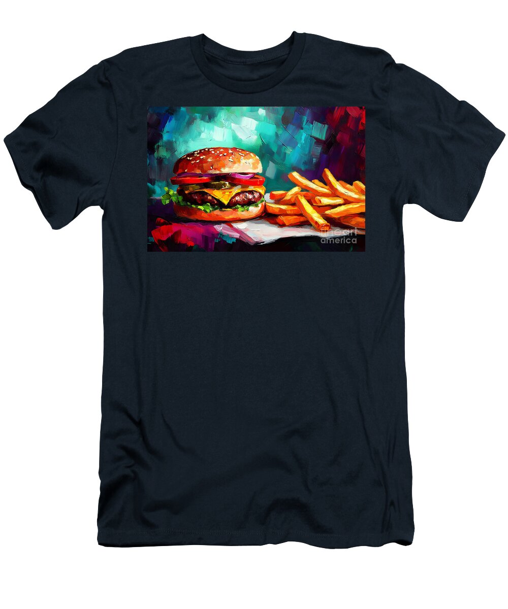 Cheeseburger Delight Fresh Toppings Golden Fries and Vibrant Appeal Olfactoart Studio T-Shirt