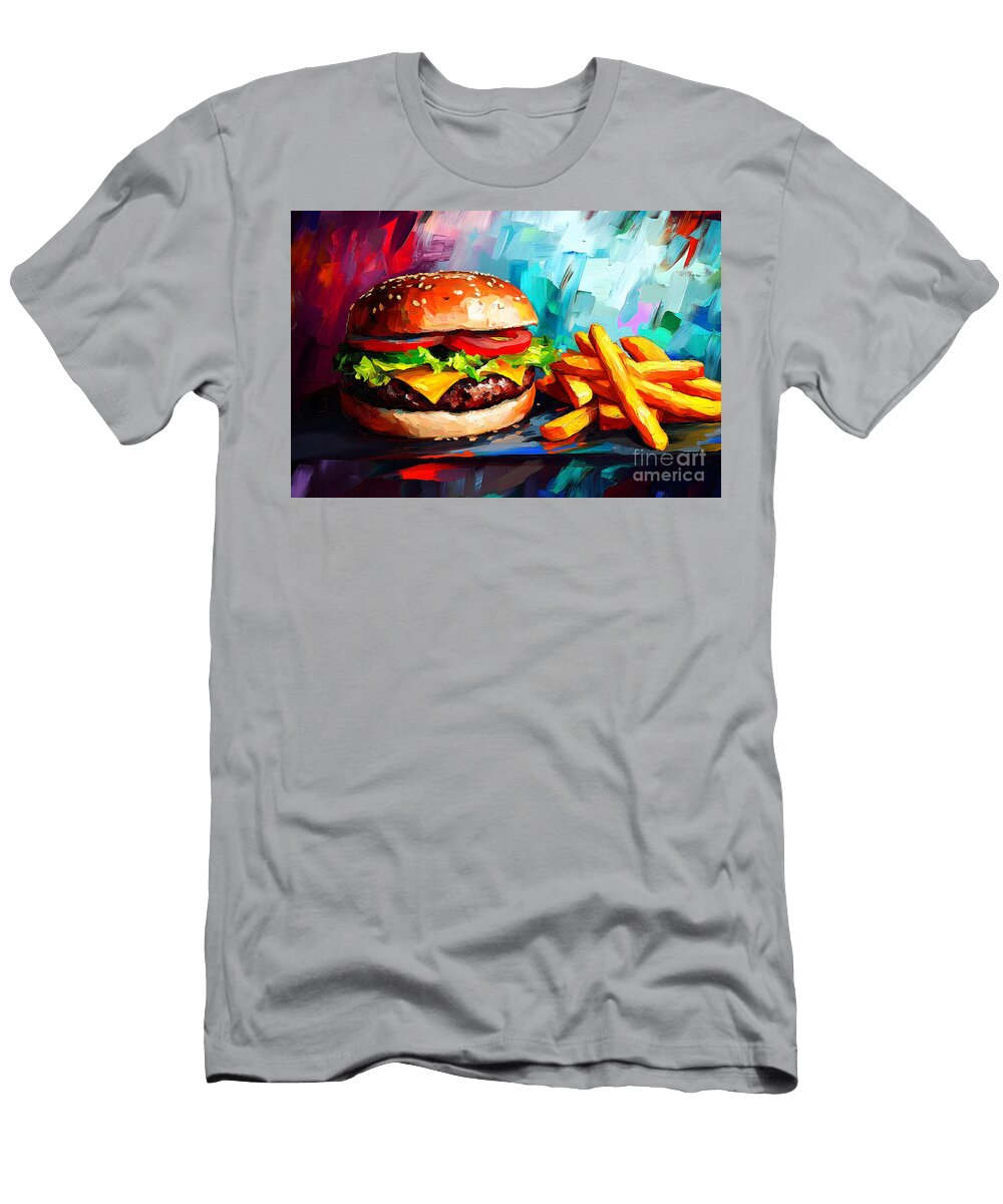 Cheeseburger Delight Layered Freshness and Golden Fries in a Colorful Feast Olfactoart Studio T-Shirt