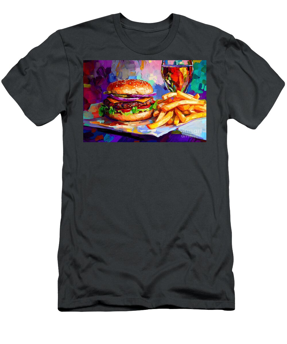 Classic Burger Delight Fresh Ingredients Golden Fries and Beer Bliss Olfactoart Studio T-Shirt