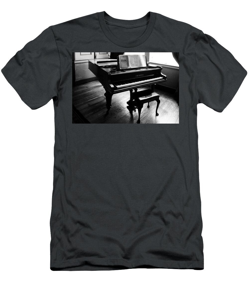 Classic Grand Piano with Sheet Music in Sunlit Room Black and White Dmr Filho T-Shirt