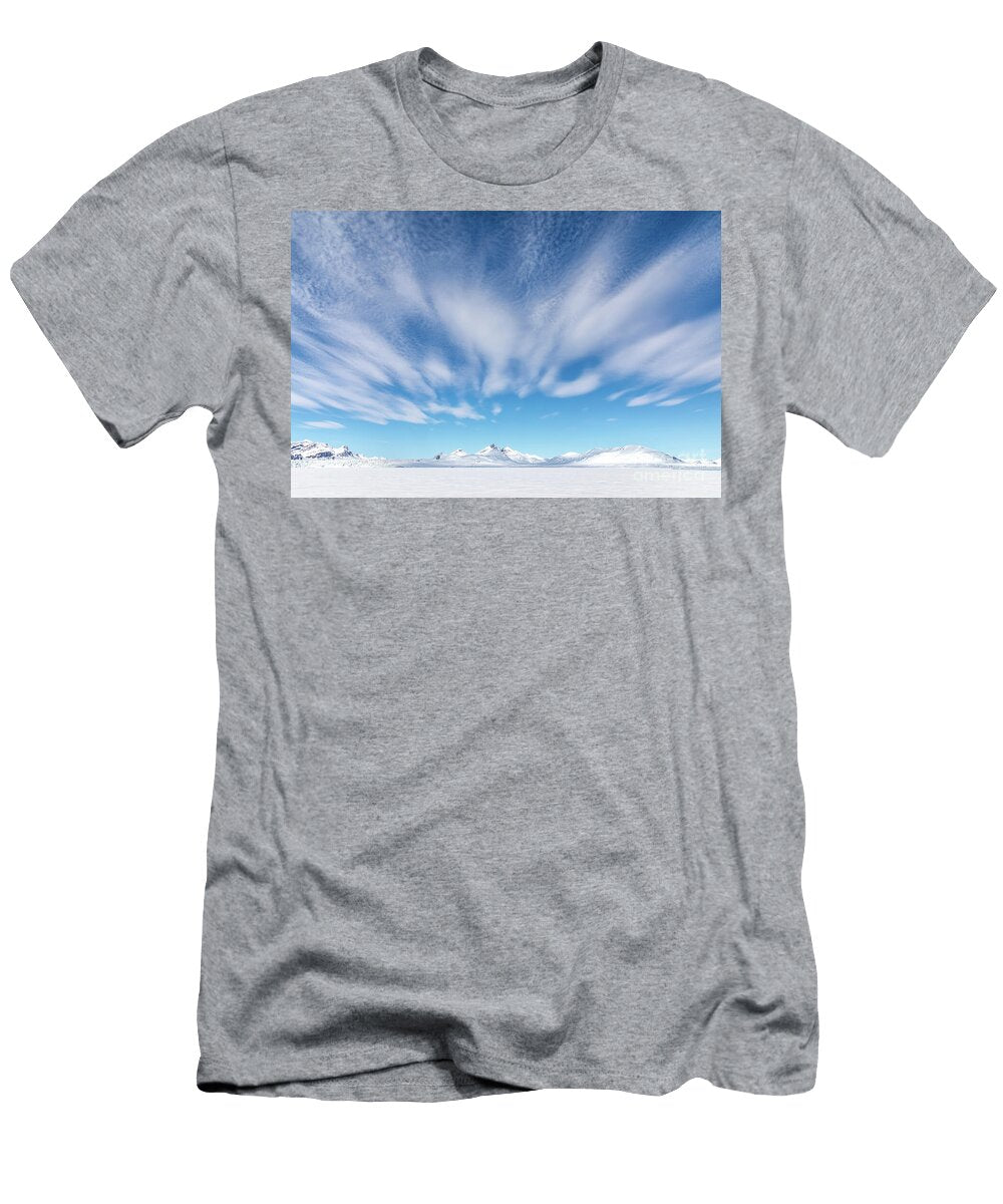 Cloudscape in Svalbard with Snowy Mountain Peaks and Fluffy White Clouds in a Blue Summer Sky Jane Rix T-Shirt