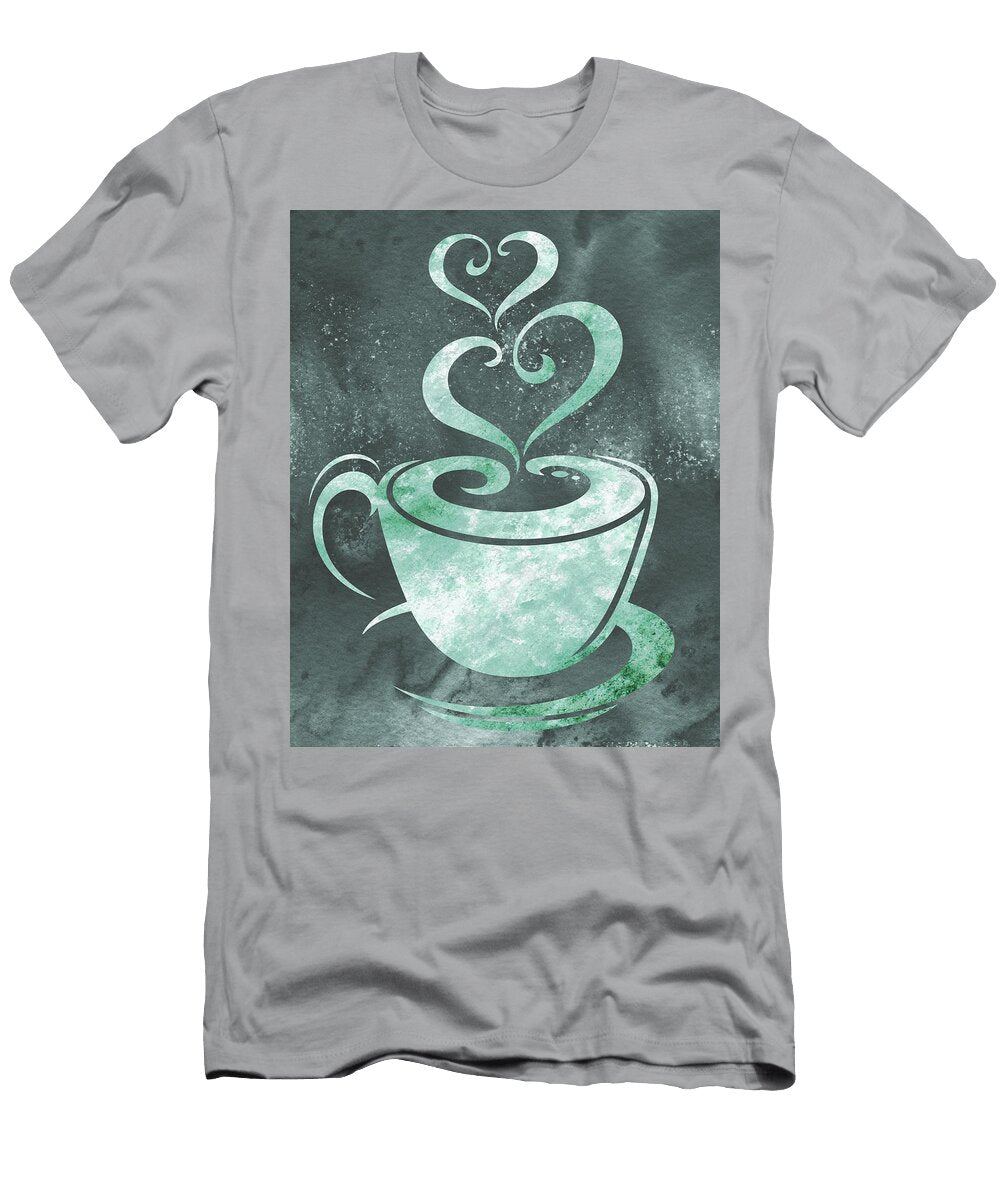 Coffee Cup with Two Sweet Hearts Delicious Teal Blue Watercolor Iii Irina Sztukowski T-Shirt