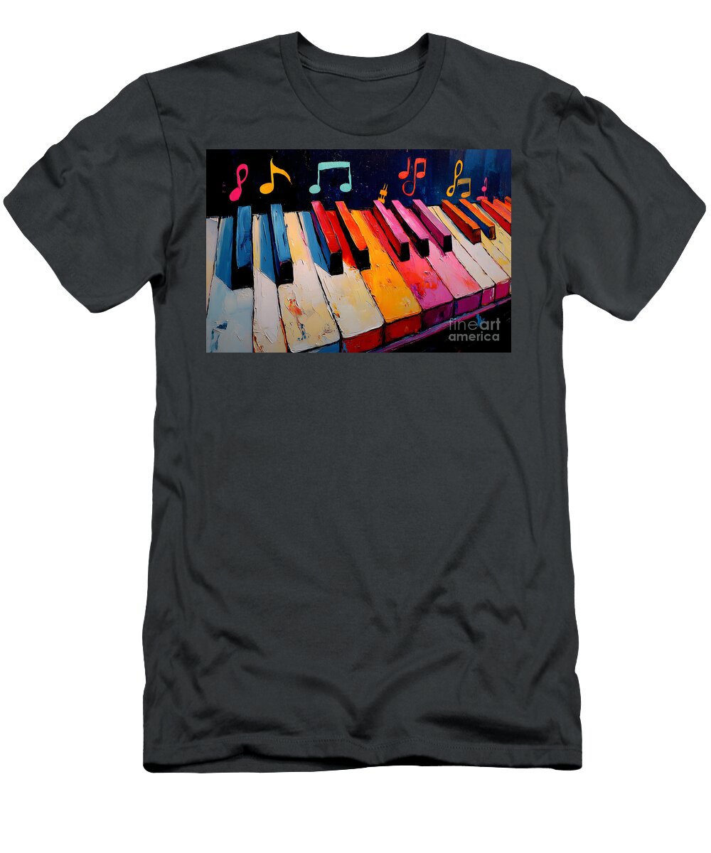 Colorful Piano Keyboard with Floating Musical Notes and Bold Dynamic Brushstrokes Olfactoart Studio T-Shirt