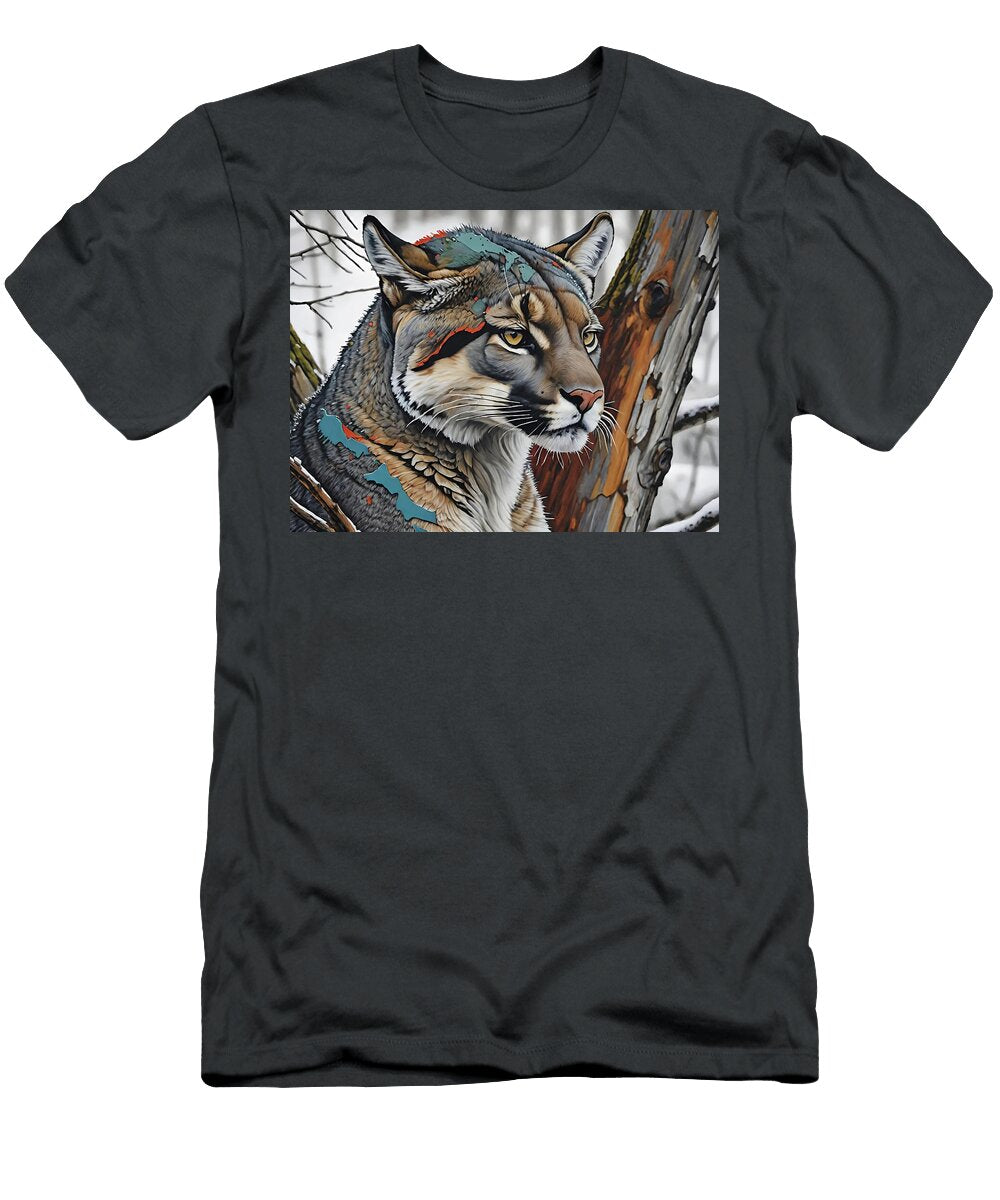 Cougar with Vibrant Fur in Wintry Forest Artistic Wildlife Digital Art Jon Fennel T-Shirt