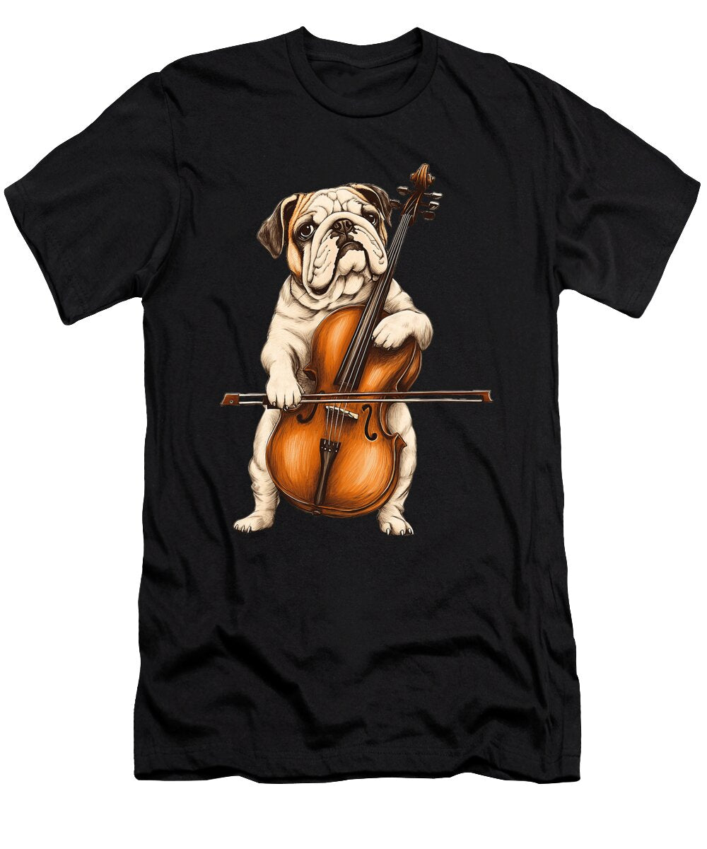Cute English Bulldog Dog Playing Cello Musician Sophie Eleanor T-Shirt