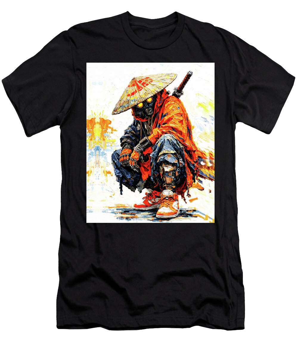 Cyber Samurai Orange Neon Palette Knife Impasto Wall Art Ramy Hefny T-Shirt