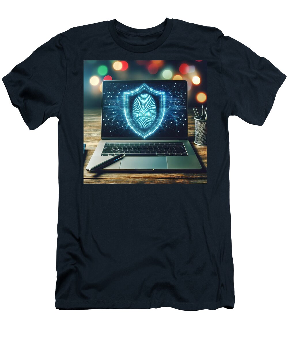Cybersecurity Laptop with Biometric Fingerprint Shield and Digital Network Talha Khan T-Shirt