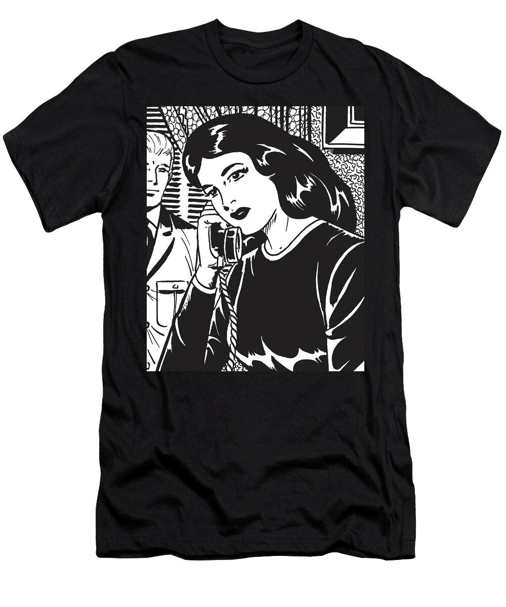 Dark Haired Woman on Telephone and Man in Background Csa Images T-Shirt