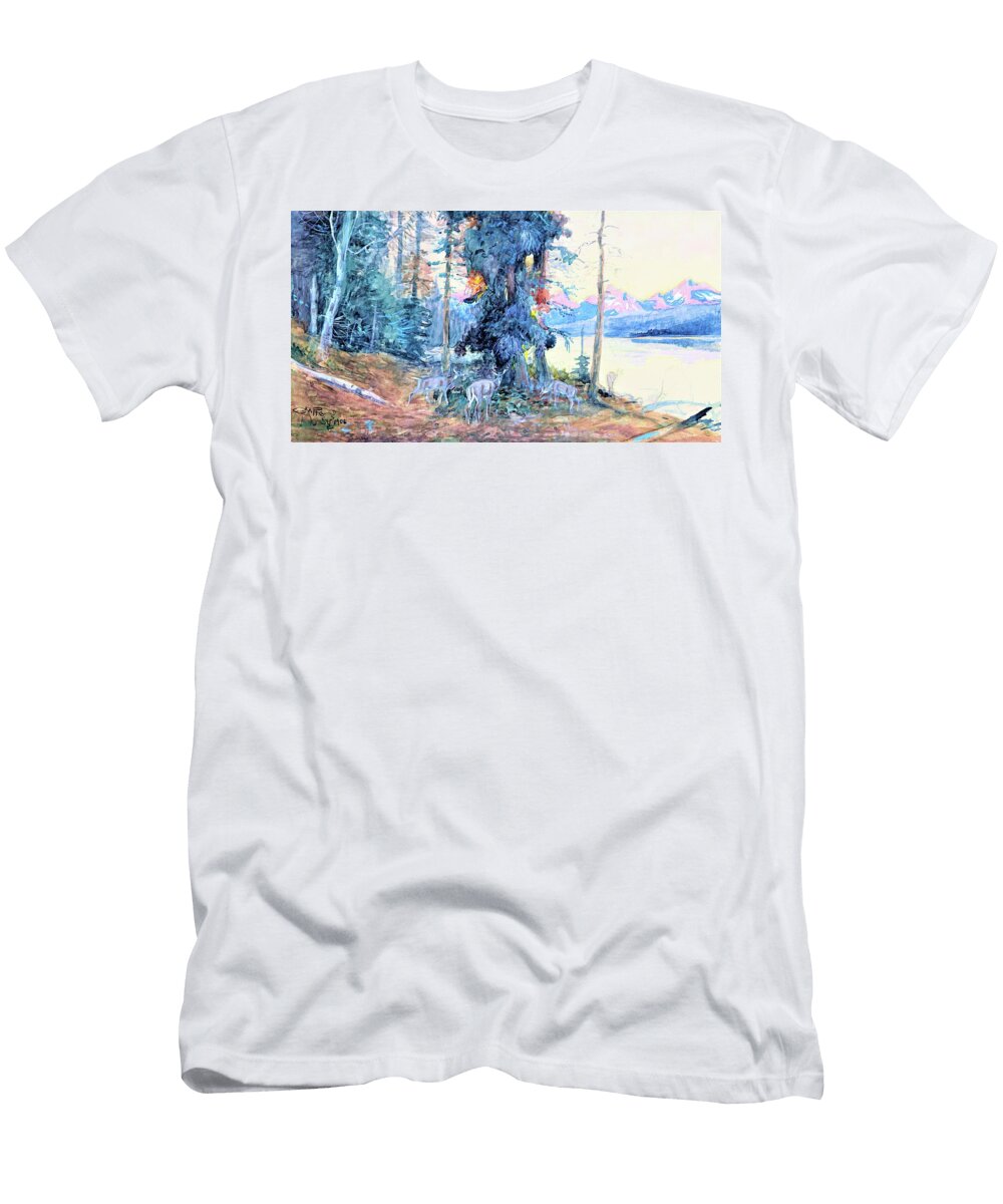 Deer At Lake Mcdonald Digital Remastered Edition Charles Marion Russell T-Shirt