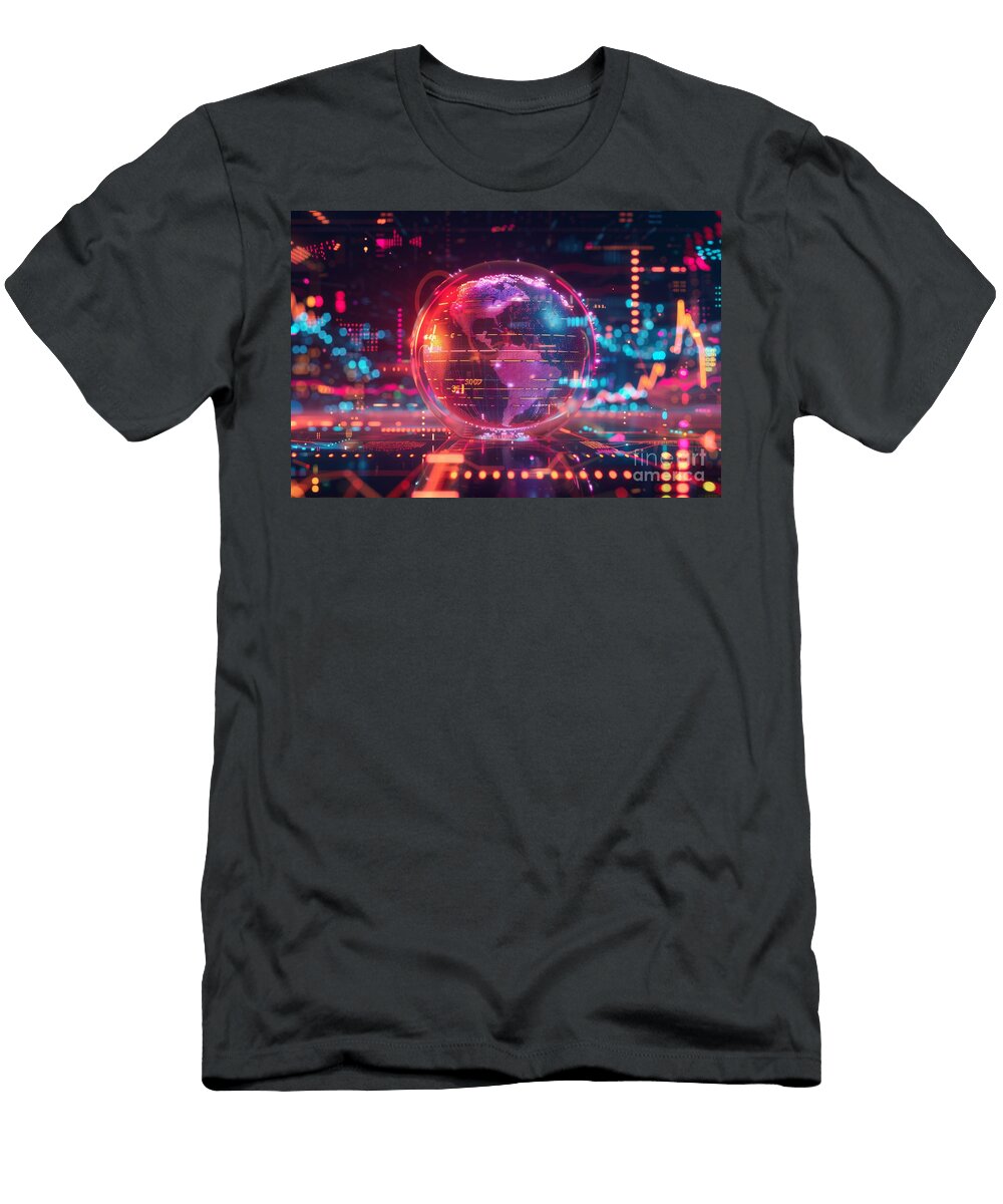 Digital Globe and Financial Symbols in Neon Cyber Data Space Michal Bednarek T-Shirt