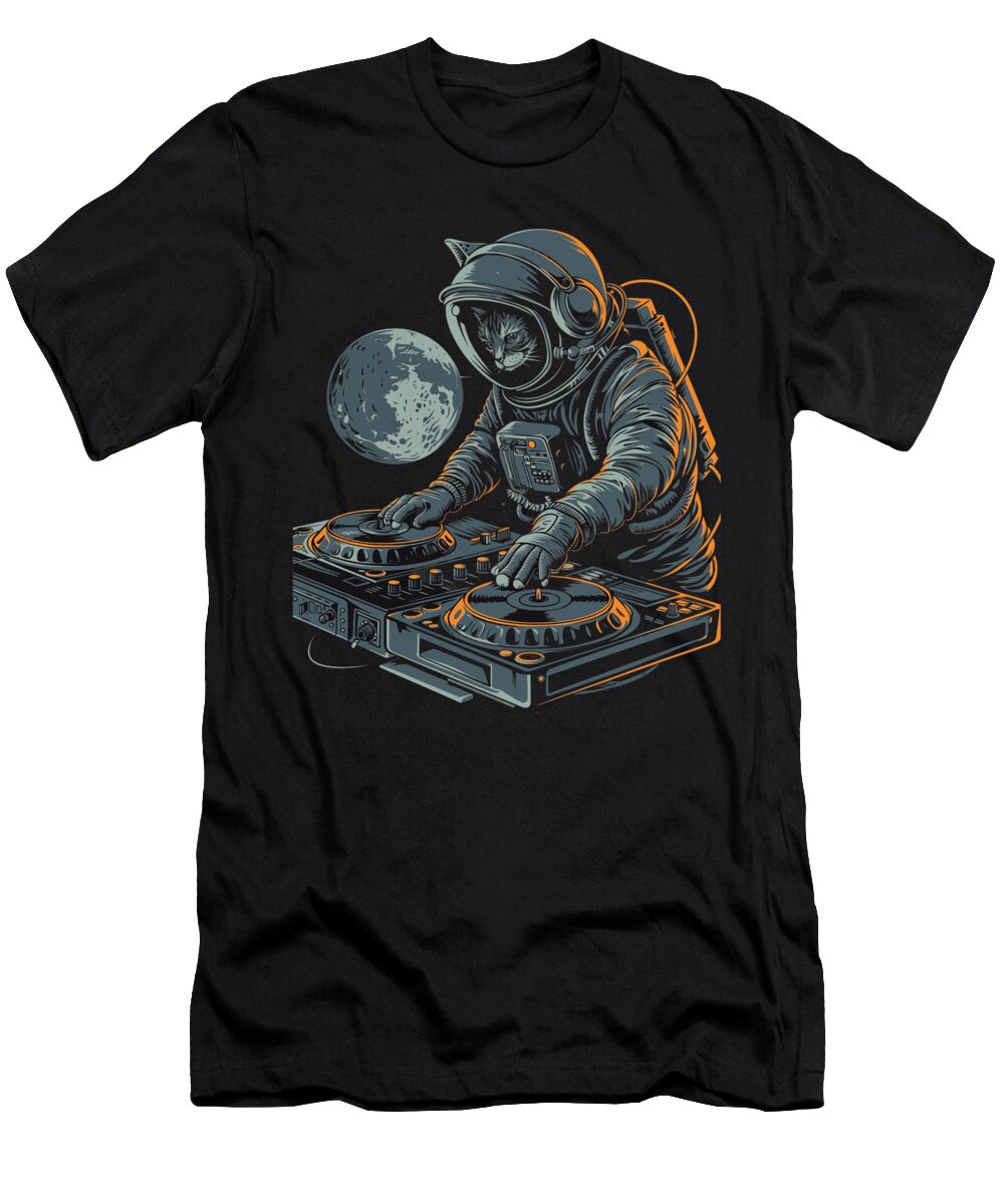 DJ Whisker Wobble the Cat Behind the Turntable Dnt Prints Art T-Shirt