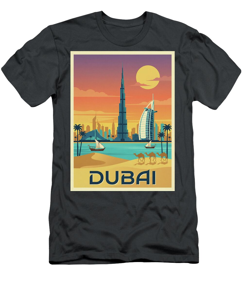 Dubai Skyline At Sunset Iconic Minimal Poster City Scapes Cities Travel Poster Sampadart Gallery T-Shirt