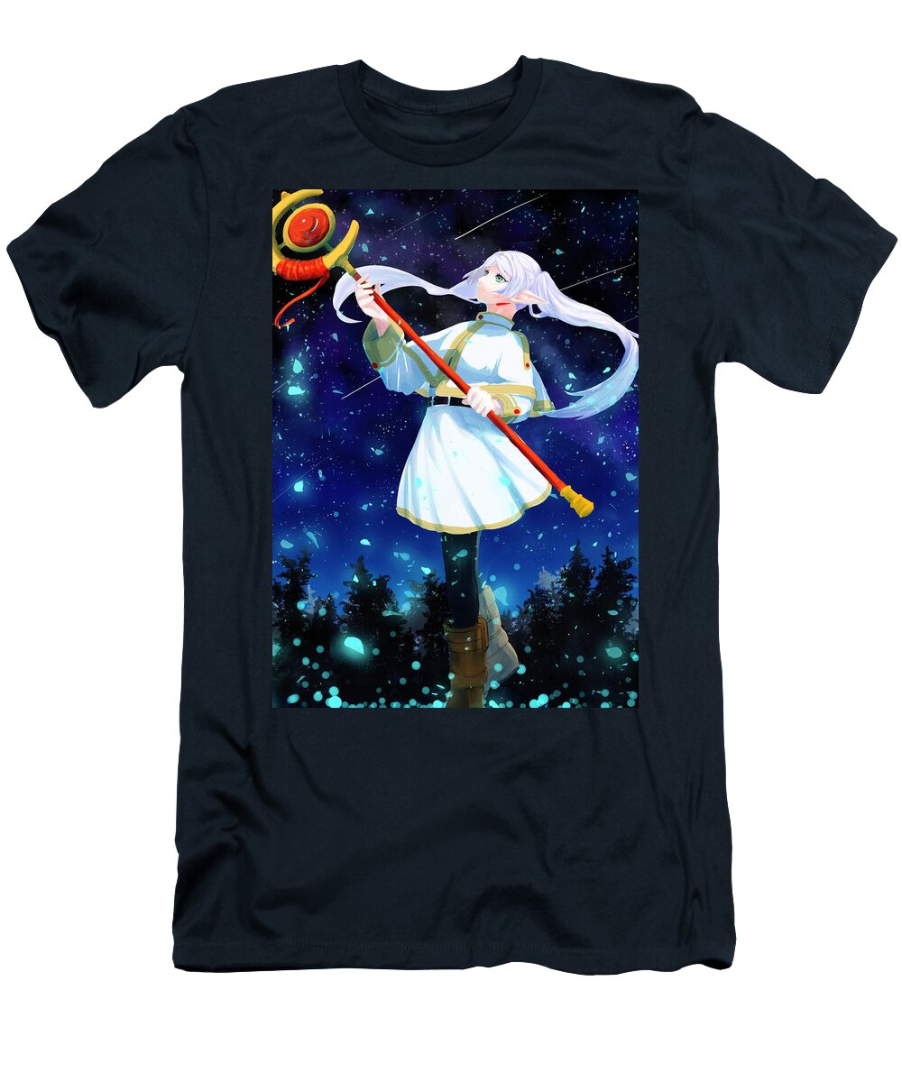 Elf with Magical Staff and Sky Background Sasha Moon T-Shirt