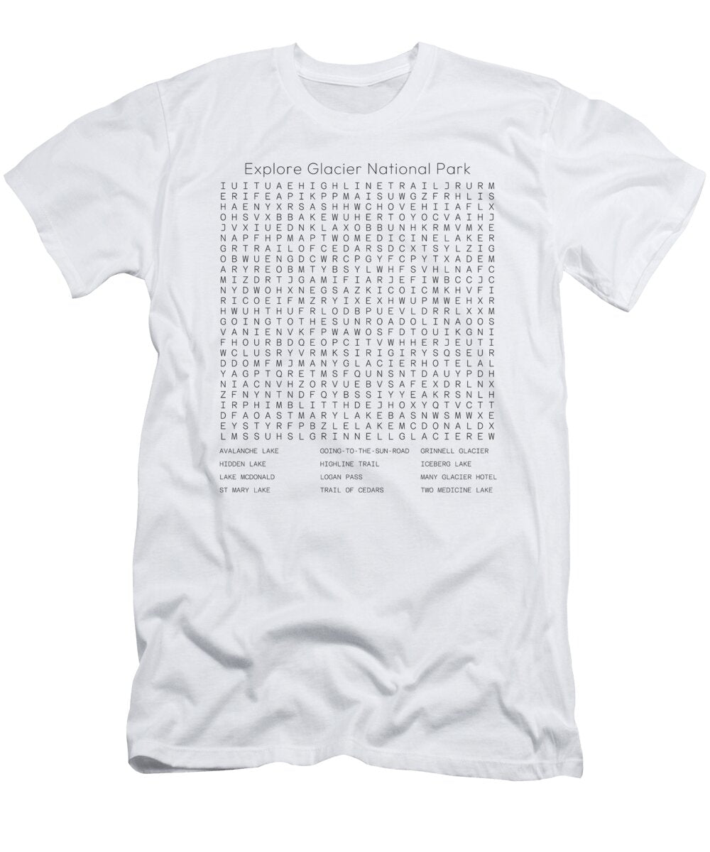 Explore Glacier National Park Montana Word Search Toby Mcguire T-Shirt