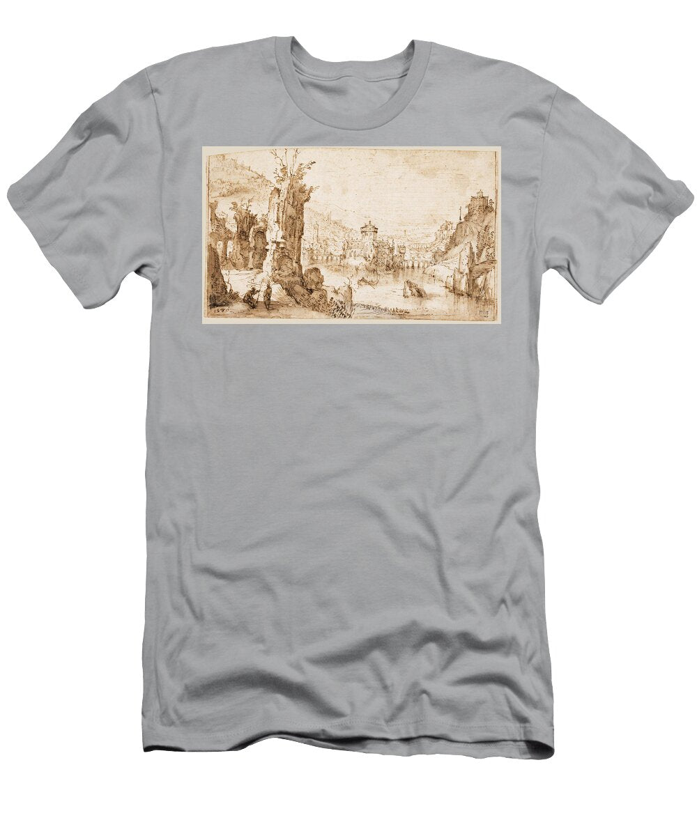 Fantastic River Landscape with Ruins a Castle and Figures Conversing in the Foreground Lodewijk Toeput T-Shirt