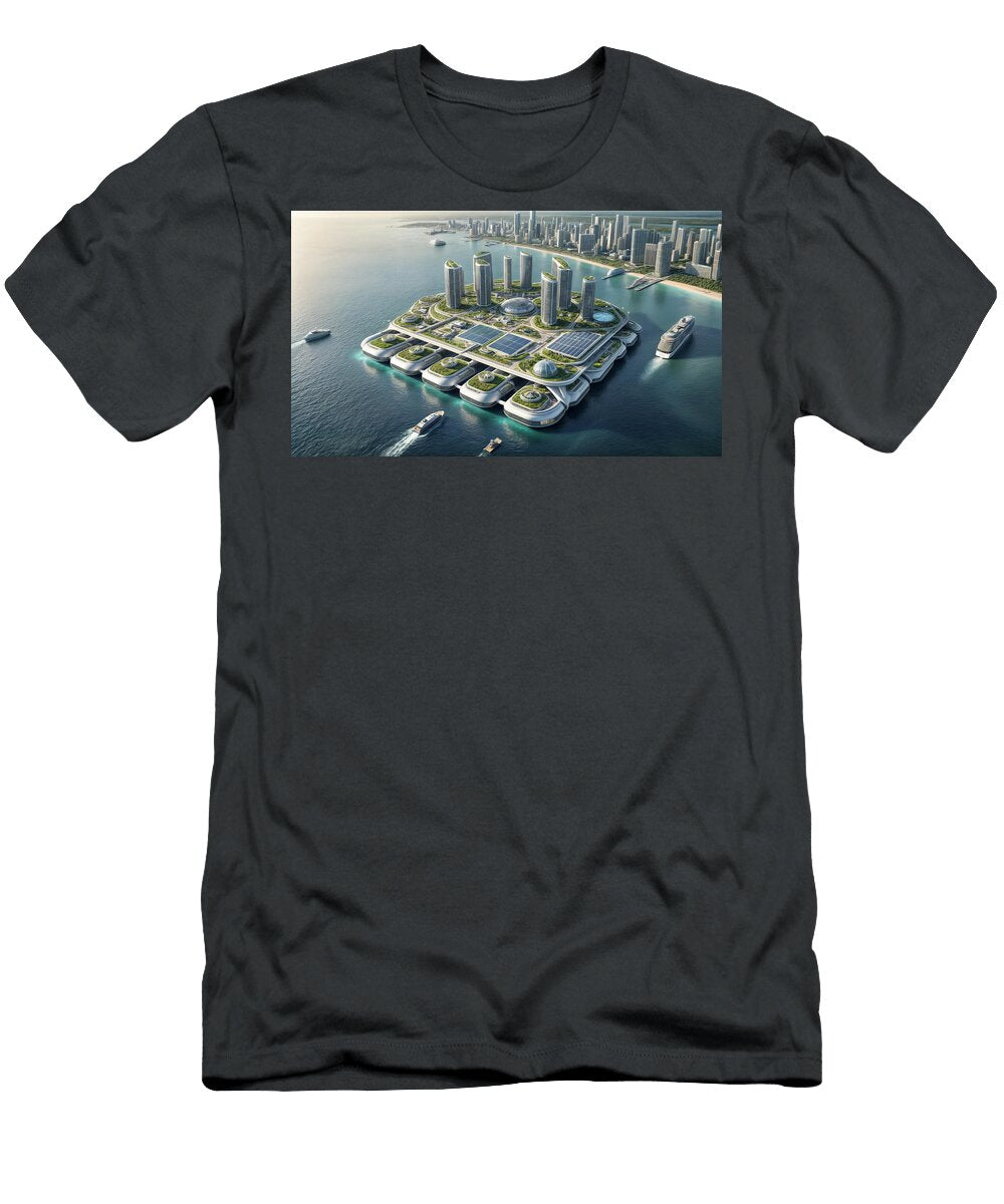 Floating Offshore in a Serene Sea a Futuristic Cityscape Mango Art T-Shirt