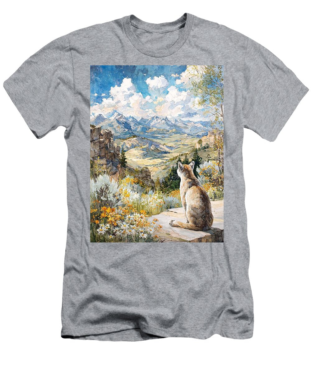 Floral Detail Mountain View Puma Stalking Wildlife Art Elmer Powers T-Shirt