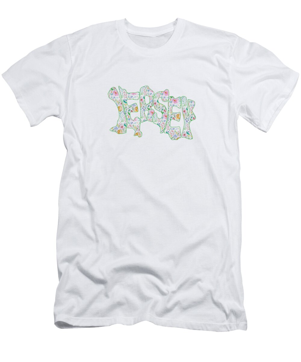Flowered Text in the Shape of a Map of Jersey Channel Islands Barefoot Bodeez Art T-Shirt