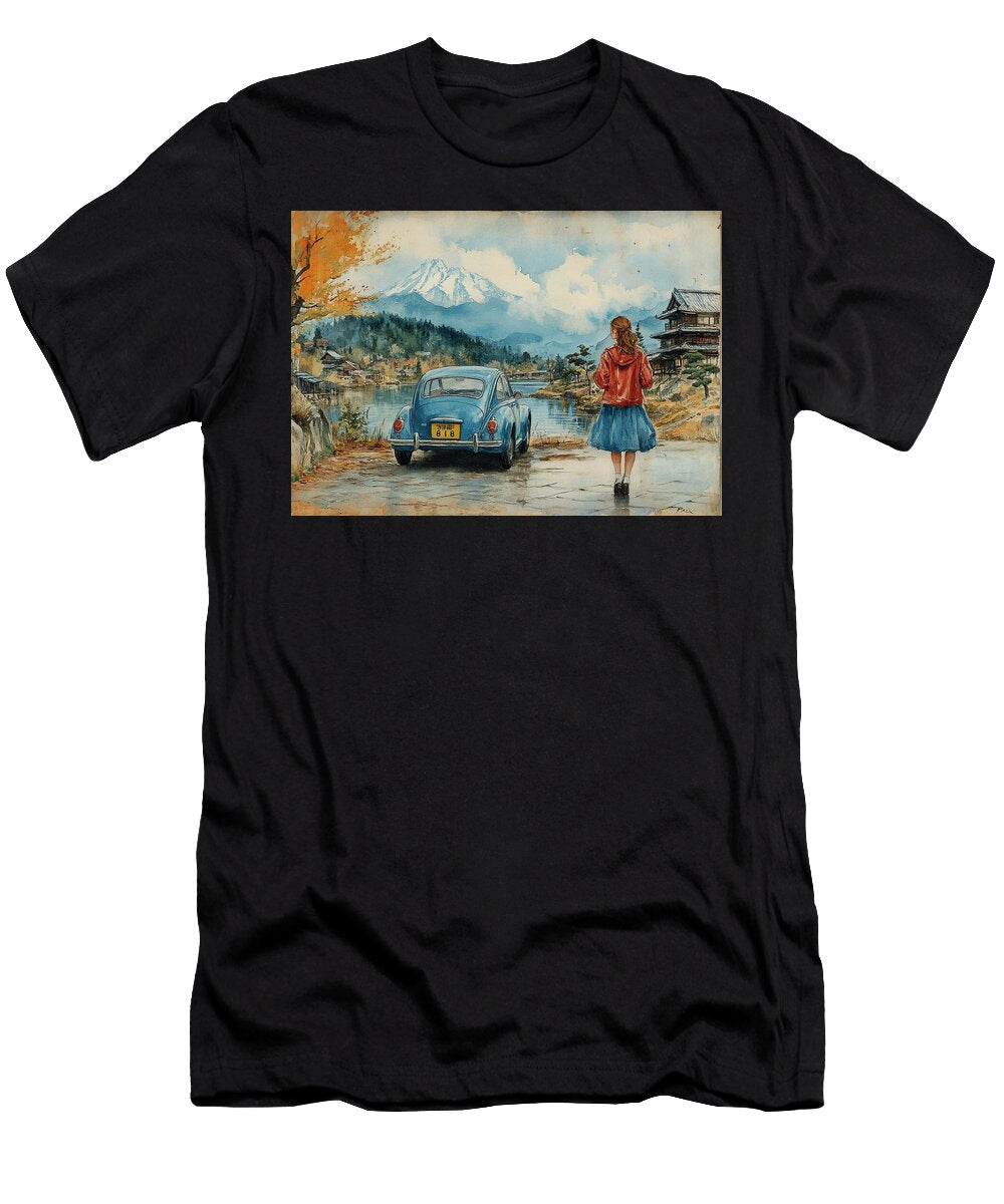 Ford Puma Vintage Car By the Lake with Mountain View in Japan Kyran Estrada T-Shirt