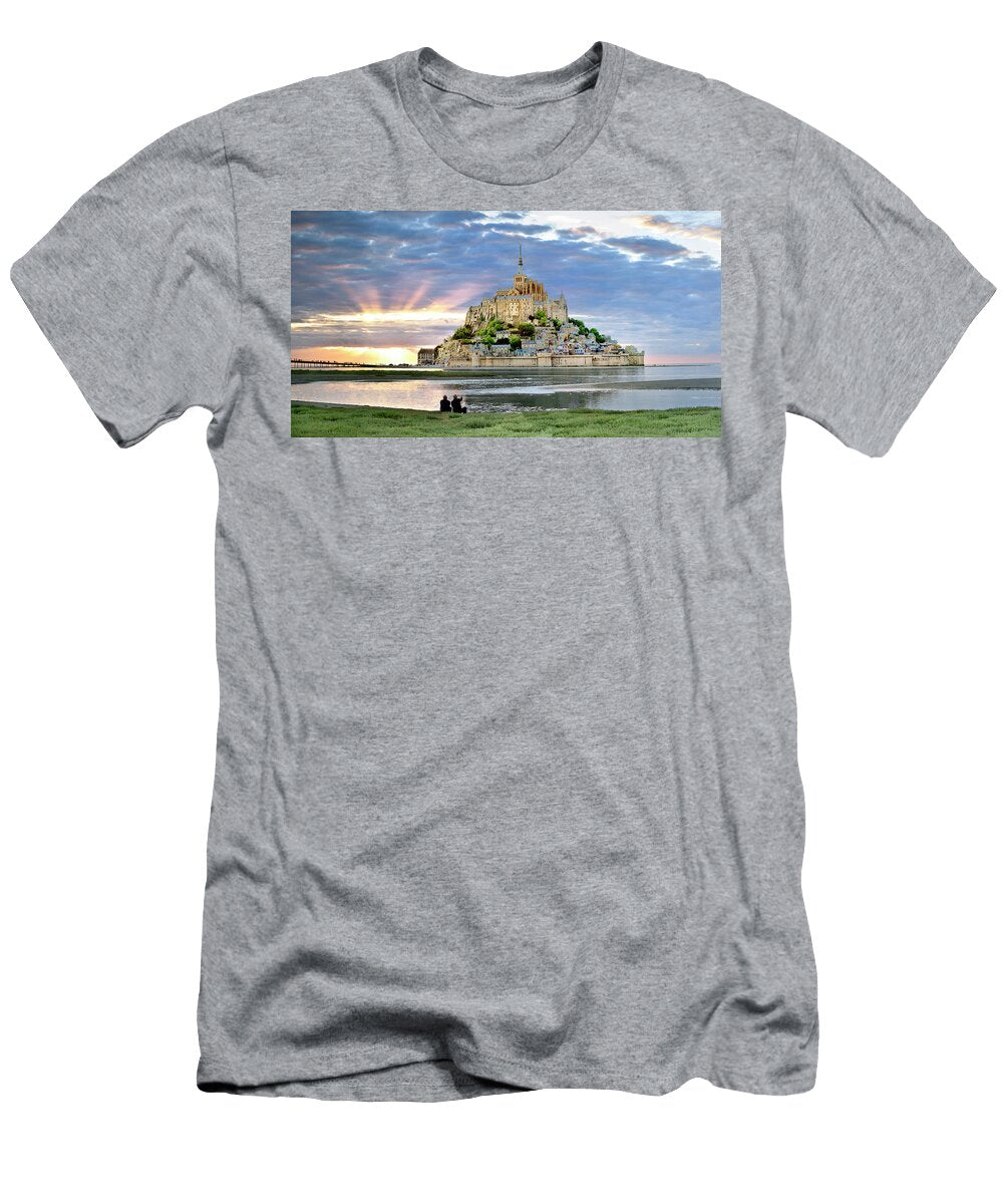 France Normandy Mont Saint Michel Atlantic Ocean English Channel Two People At Dusk Claudio Leolini T-Shirt