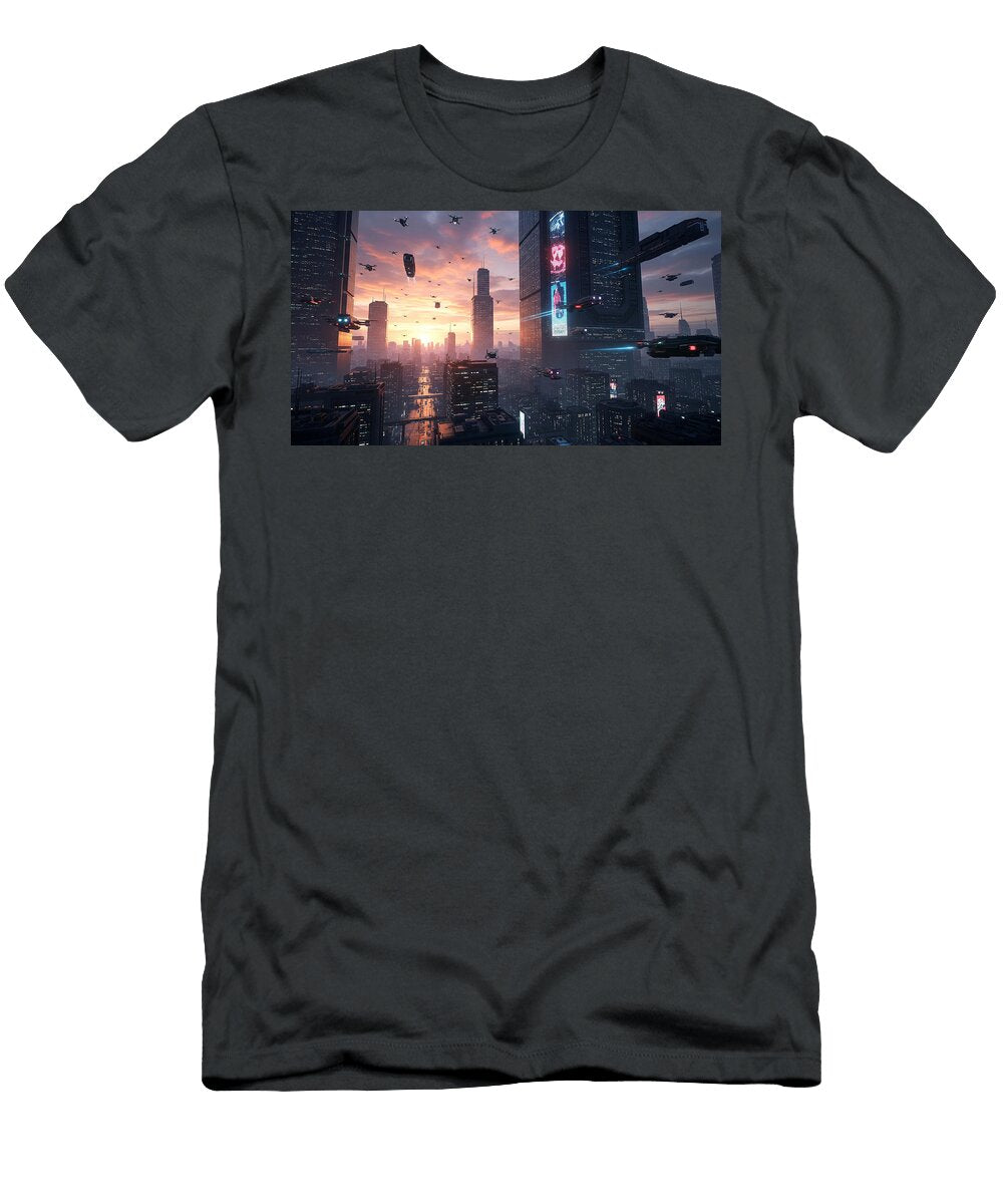 Futuristic Cityscape At Dusk Mango Art T-Shirt