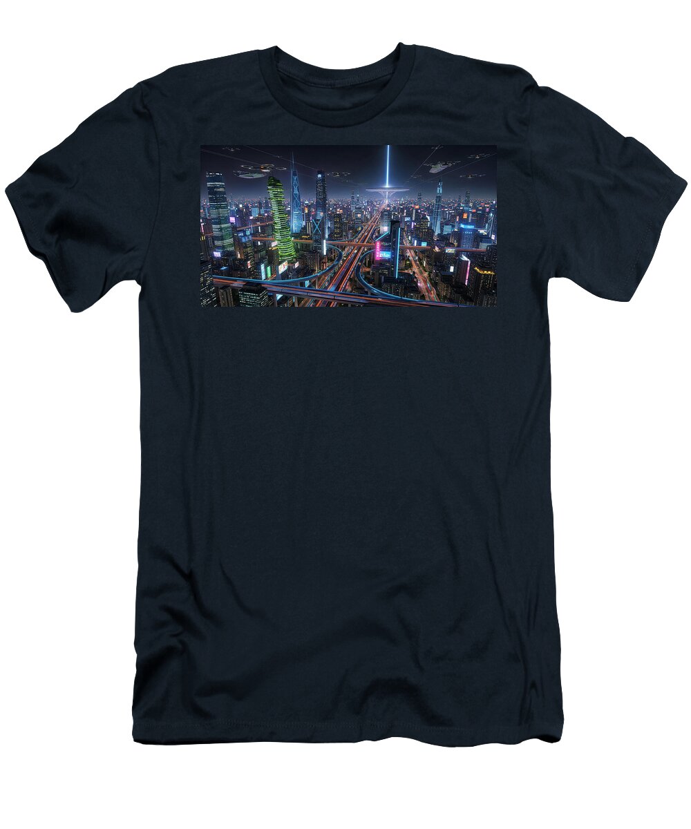 Futuristic Cityscape At Night Mango Art T-Shirt