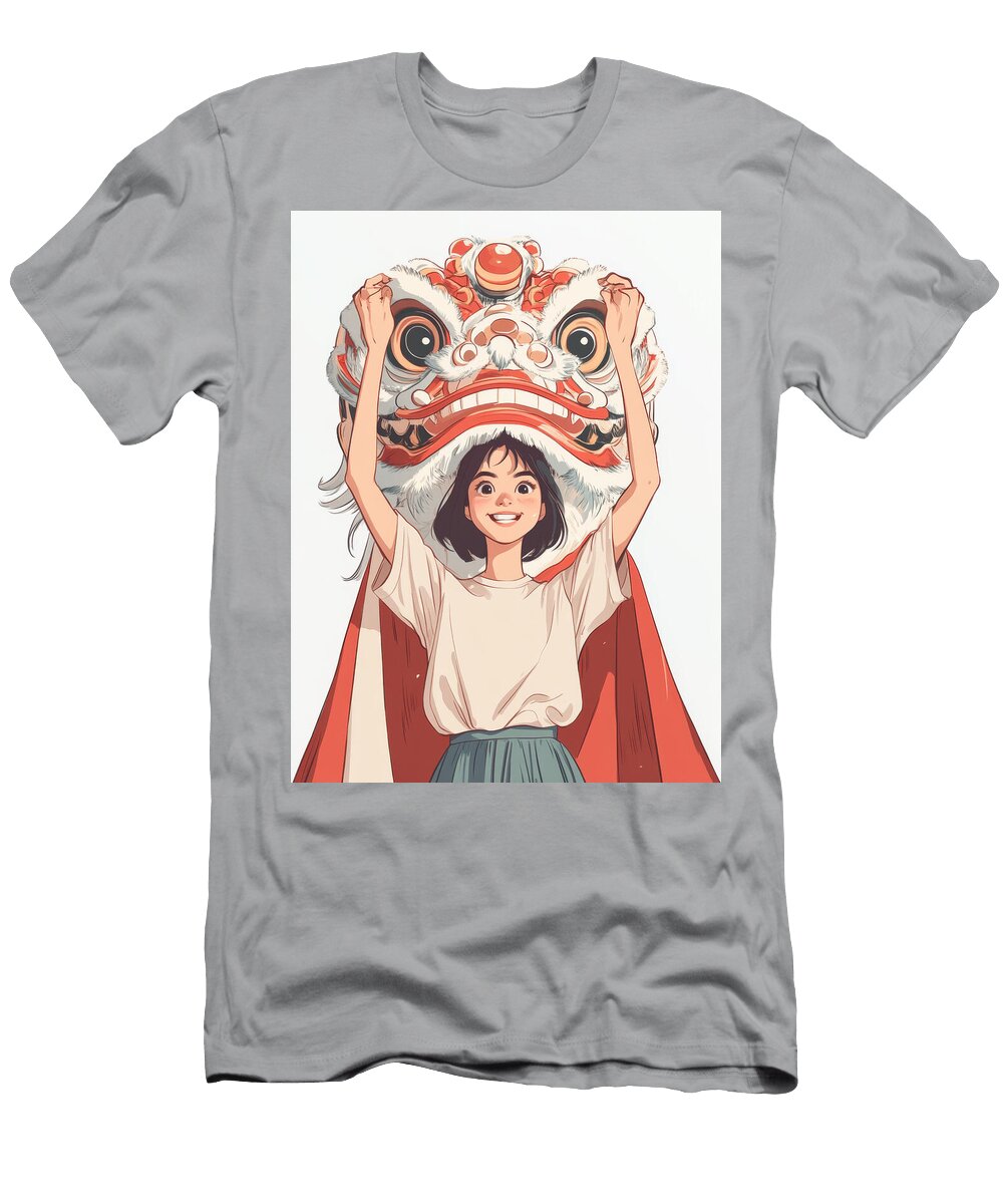 Girl Holding Traditional Chinese Lion Dance Head Smoker Judges T-Shirt