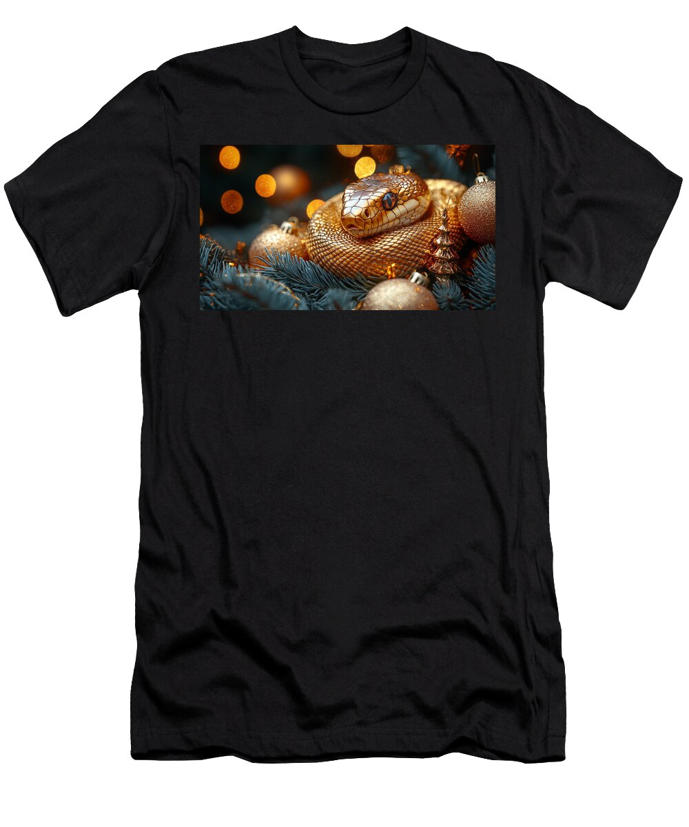 Gold Snake Coiled Around Ornaments on a Christmas Tree Lauren Fitrie T-Shirt