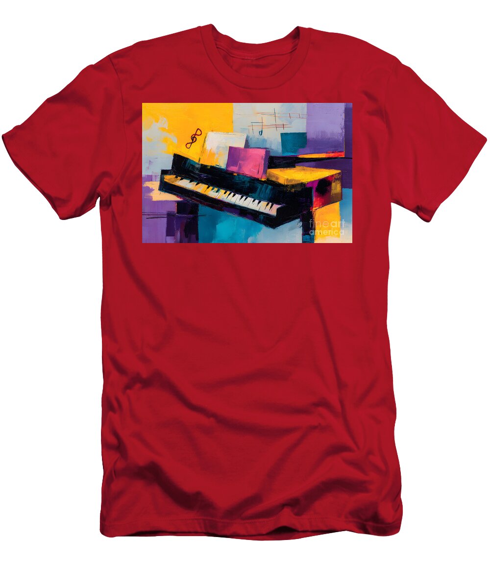 Grand Piano Harmony Bold Abstract Art with Musical Notes and Vibrant Contrasting Colors Olfactoart Studio T-Shirt
