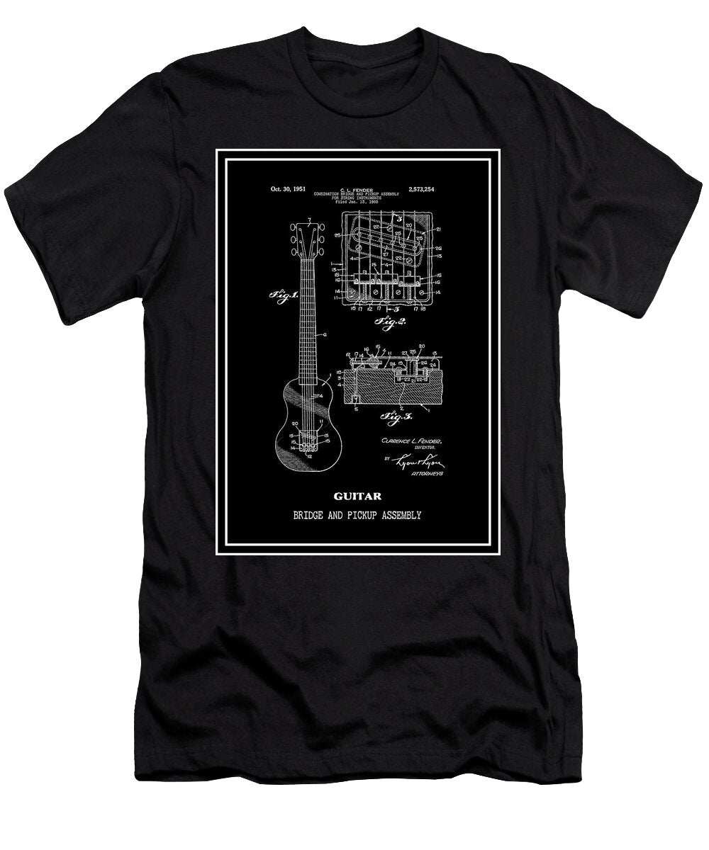 Guitar Bridge and Pickup Assembly Vintage Patent 1950 Black and White Carol Japp T-Shirt