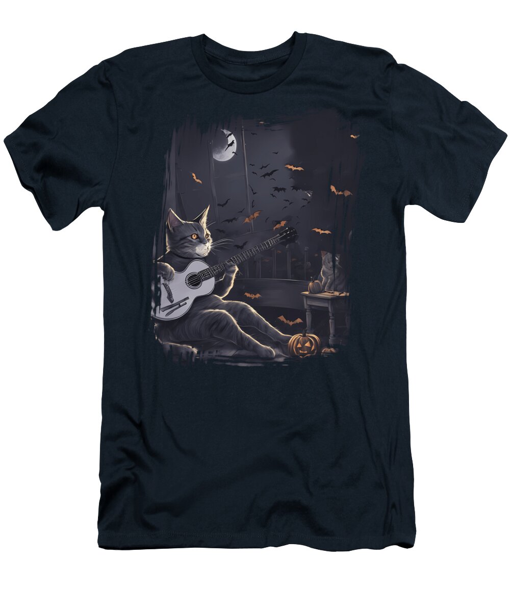 Halloween Cat Playing Guitar in the Moonlight Quang Vu T-Shirt