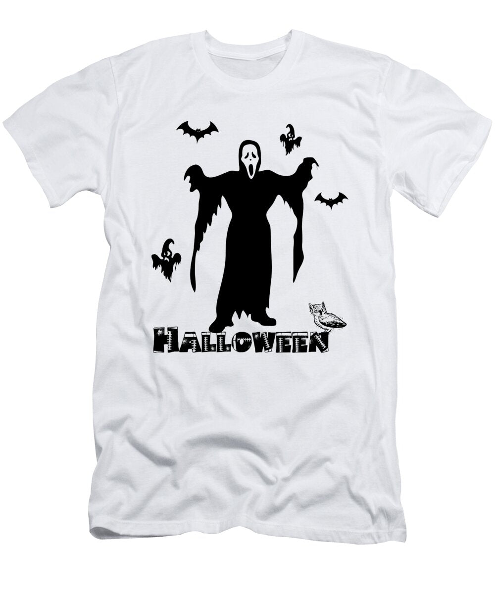 Halloween Scary Death Face Scary Ghosts and Bats Black and White Graphic Design Halloween Party Mounir Khalfouf T-Shirt